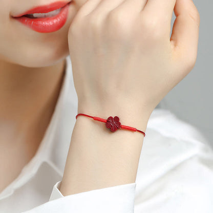 Buddha Stones Handmade Plum Blossom Four Leaf Clover PiXiu Lotus Koi Fish Cinnabar Blessing Braid Bracelet