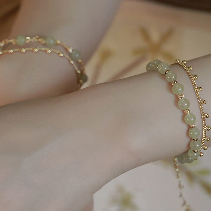 Buddha Stones 14K Gold Plated 2 Layers Hetian Jade Bead Luck Prosperity Bracelet