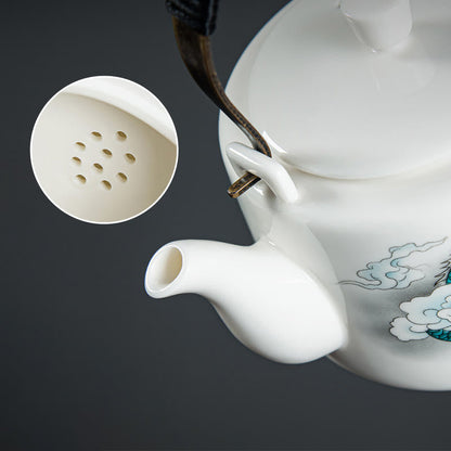 Buddha Stones Vintage Dragon Mountain Fisherman Landscape White Porcelain Ceramic Kung Fu Teapot