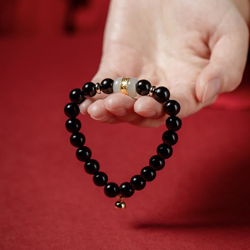 Buddha Stones Black Obsidian Jade Om Mani Padme Hum Strength Couple Magnetic Bracelet