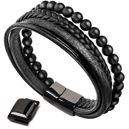 Buddha Stones Natural Lava Rock Black Onyx Bead Leather Bracelet