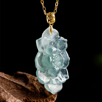 Buddha Stones 925 Sterling Silver Chain 18K Gold Buckle Natural Jade Lotus Pattern Prosperity Necklace Pendant