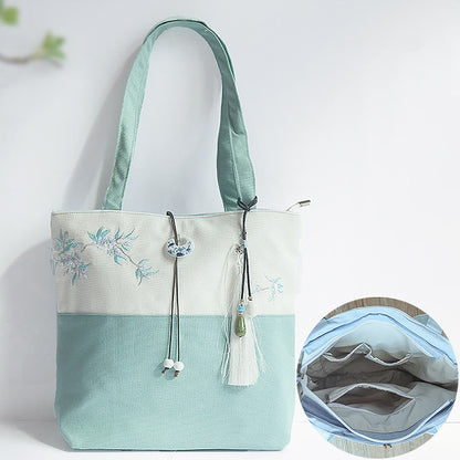 Buddha Stones Pear Flower Plum Peach Blossom Bamboo Embroidery Canvas Large Capacity Shoulder Bag Tote Bag