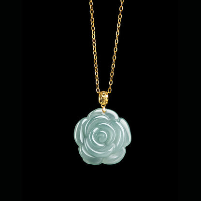 Buddha Stones 18K Gold Buckle 925 Sterling Silver Chain Natural Jade Rose Luck Necklace Pendant