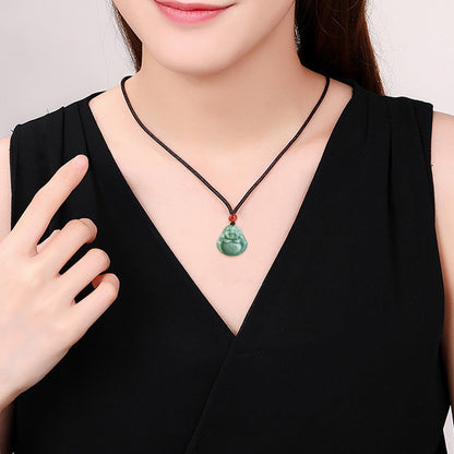 Buddha Stones Laughing Buddha Cyan Jade Success Necklace String Pendant
