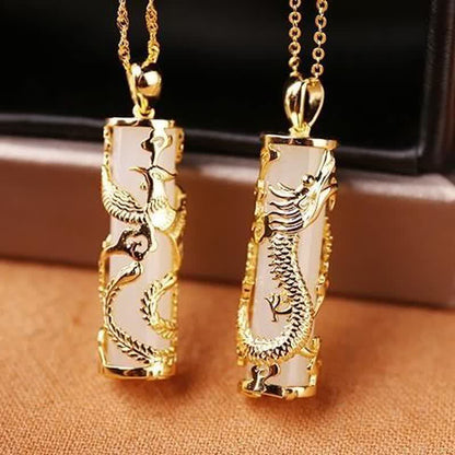 Buddha Stones Jade Dragon Phoenix Copper Blessing Harmony Necklace Pendant