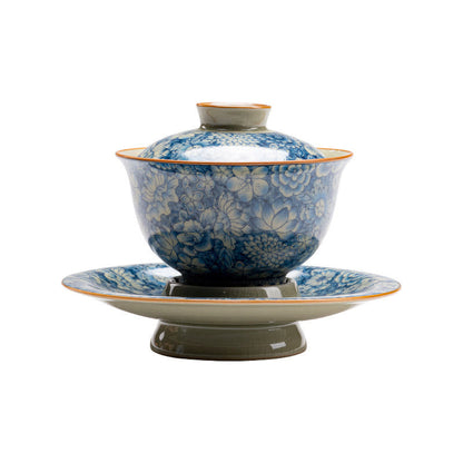 Buddha Stones Vintage Blue And White Porcelain Peach Blossom Lotus Peony Ceramic Gaiwan Sancai Teacup Kung Fu Tea Cup And Saucer With Lid