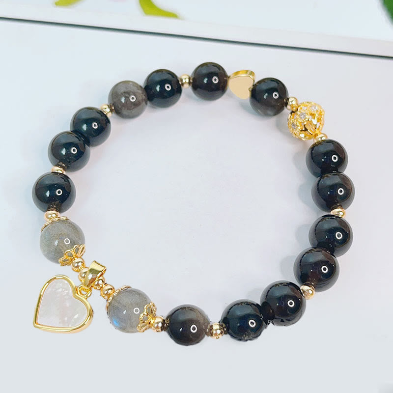 Buddha Stones Natural Silver Sheen Obsidian Love Heart Star Flower Protection Bracelet (Extra 30% Off | USE CODE: FS30)