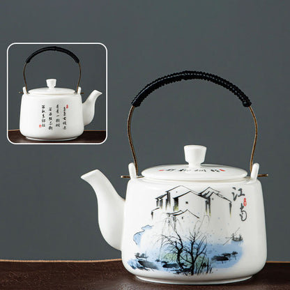 Buddha Stones Vintage Dragon Mountain Fisherman Landscape White Porcelain Ceramic Kung Fu Teapot