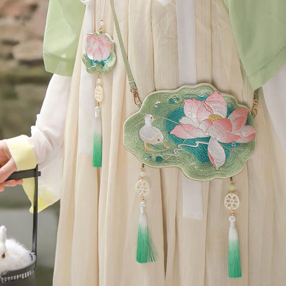 Buddha Stones Luck Embroidery Lotus Koi Fish Rabbit Flower Hanfu Bag Crossbody Bag Shoulder Bag