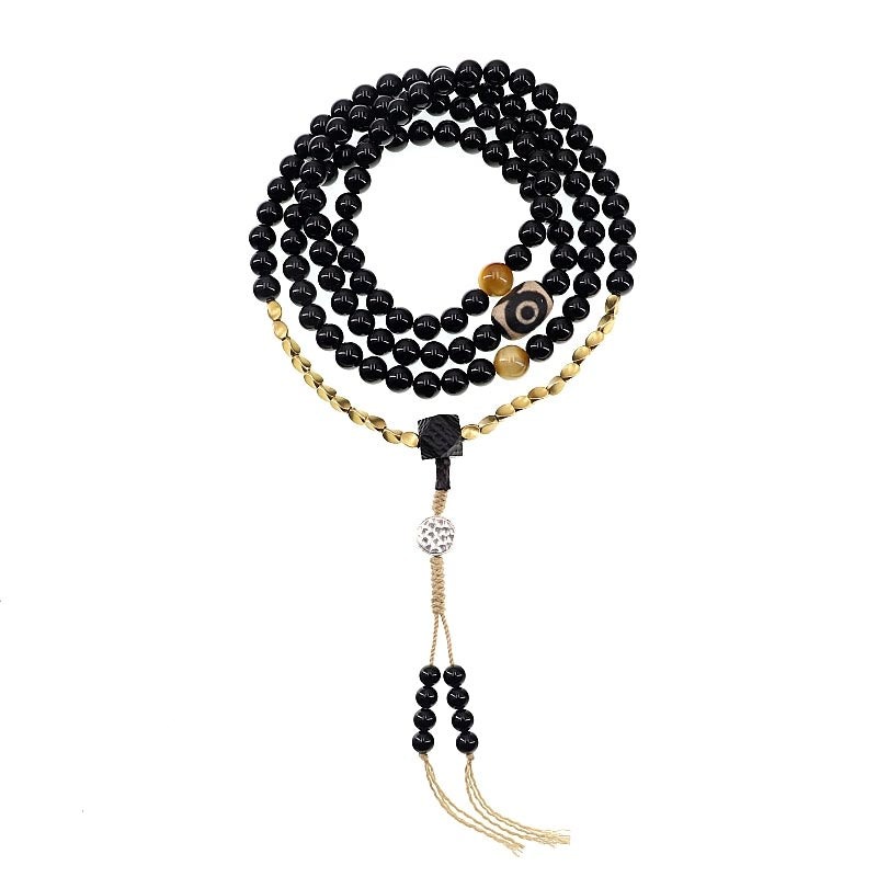 Buddha Stones Tibetan 108 Mala Beads Black Onyx Three-eyed Dzi Beads Protection Bracelet