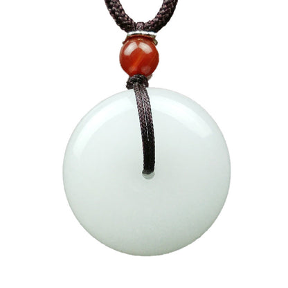 Buddha Stones Round Hetian White Jade Peace Buckle Blessing Necklace Pendant