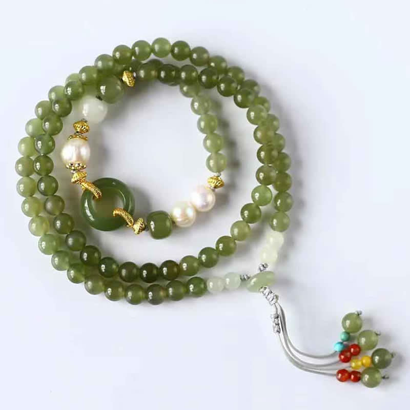 Buddha Stones Hetian Jade Pearl Peace Buckle Luck Wealth String Bracelet