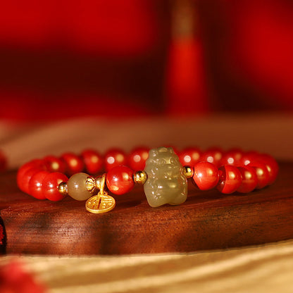Buddha Stones 925 Sterling Silver Year of the Dragon Natural Cinnabar Hetian Jade Dragon Fu Character Ruyi As One Wishes Charm Blessing Bracelet (Extra 30% Off | USE CODE: FS30)