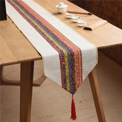 Buddha Stones Classic Chinese Style Lotus Koi Fish Flower Crane Calligraphy Enlightenment Cotton Linen Tassels Table Runner