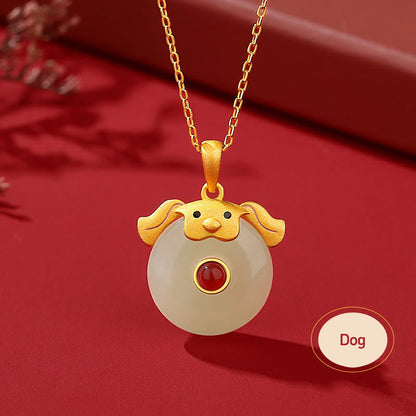 Buddha Stones 925 Sterling Silver Hetian Jade Chinese Zodiac Year of the Dragon Red Agate Luck Protection Necklace Pendant