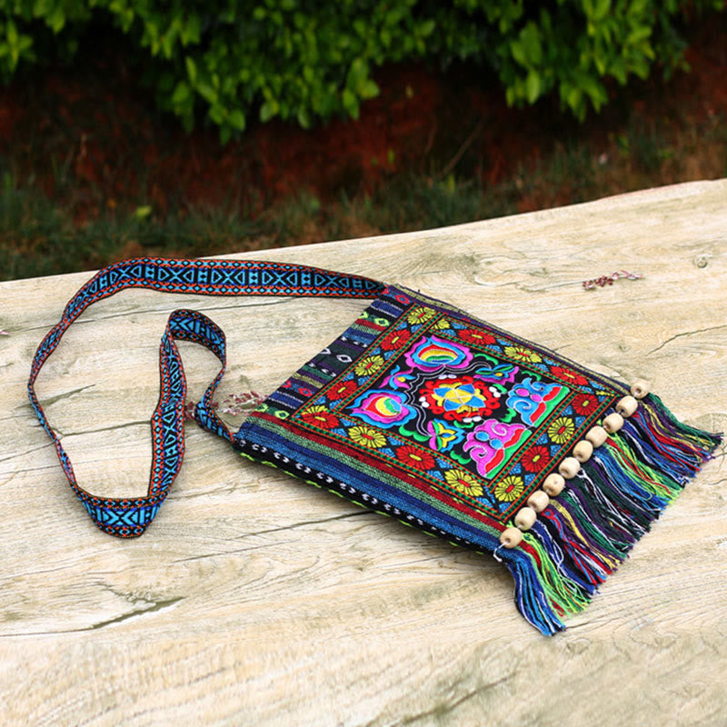 Buddha Stones Tibetan Handmade Embroidered Camellia Canvas Shoulder Bag Crossbody Bag