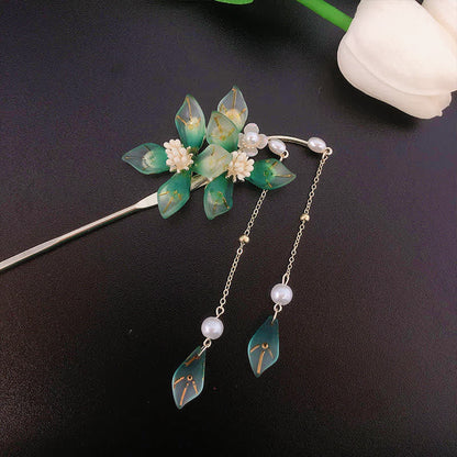 Buddha Stones Flower Leaf Pearl Peace Tassel Hairpin