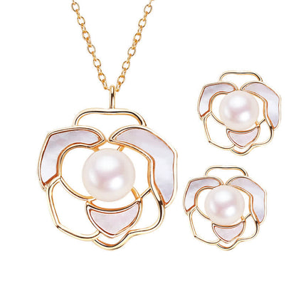 Buddha Stones 925 Sterling Silver Pearl Camellia Pattern Happiness Necklace Pendant Earrings