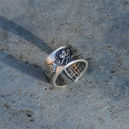 Buddha Stones 999 Sterling Silver Luck Koi Fish Lotus Heart Sutra Wealth Ring