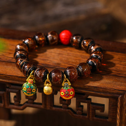 Buddha Stones Gold Swallowing Beast Family Colorful Cinnabar Bead Bracelet