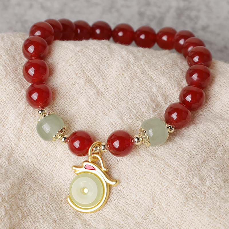 Buddha Stones Year of the Dragon Red Agate Jade Peace Buckle Fu Character Success Bracelet (Extra 30% Off | USE CODE: FS30)