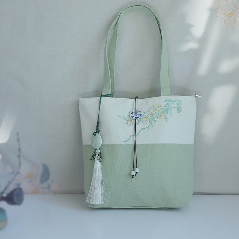 Buddha Stones Pear Flower Plum Peach Blossom Bamboo Embroidery Canvas Large Capacity Shoulder Bag Tote Bag