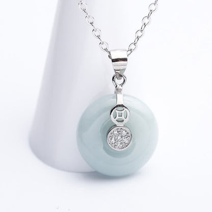 Buddha Stones 925 Sterling Silver Peace Buckle Jade Coin Luck Necklace Pendant