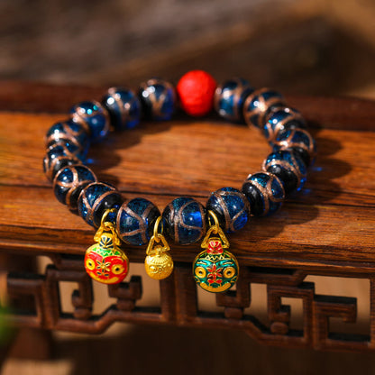 Buddha Stones Gold Swallowing Beast Family Colorful Cinnabar Bead Bracelet
