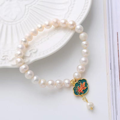 Buddha Stones Natural Pearl Lotus Koi Fish Goldfish Optimism Charm Bracelet