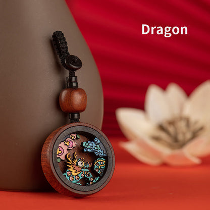 Buddha Stones Year Of The Dragon Hand Painted Chinese Zodiac Rosewood Carved Calm Key Chain