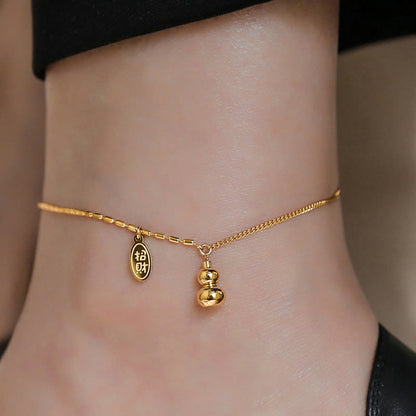 Buddha Stones 18k Gold Plated Copper Lucky Gourd Design Wealth Buckle Anklet