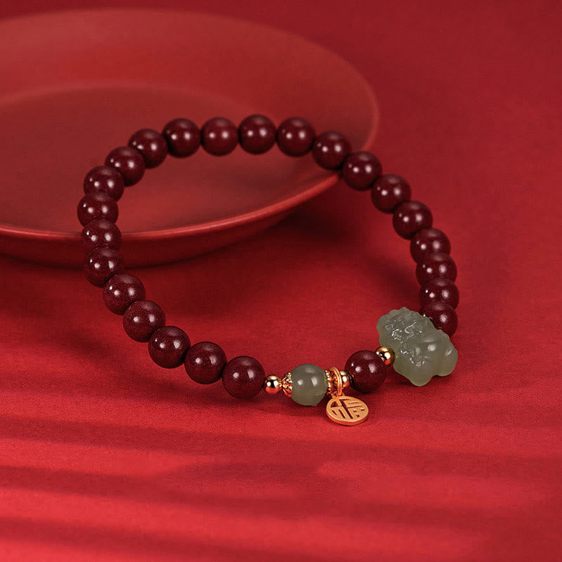 Buddha Stones 925 Sterling Silver Year of the Dragon Natural Cinnabar Hetian Jade Dragon Fu Character Ruyi As One Wishes Charm Blessing Bracelet (Extra 30% Off | USE CODE: FS30)