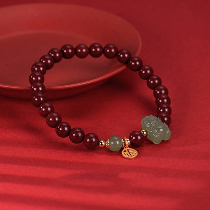 Buddha Stones 925 Sterling Silver Year of the Dragon Natural Cinnabar Hetian Jade Dragon Fu Character Ruyi As One Wishes Charm Blessing Bracelet (Extra 30% Off | USE CODE: FS30)
