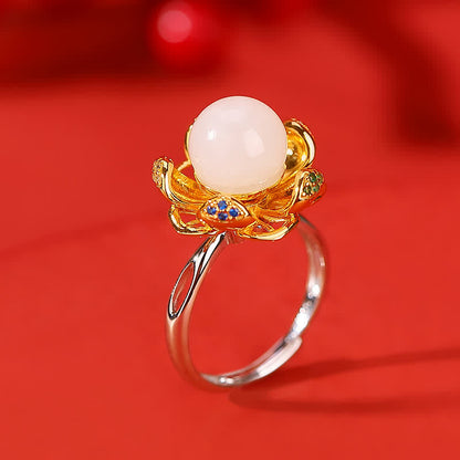 Buddha Stones 925 Sterling Silver White Jade Cyan Jade Lotus Flower Success Ring
