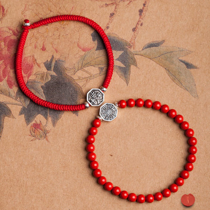 Buddha Stones 925 Sterling Silver Yin Yang Bagua Symbol Cinnabar String Concentration Bracelet