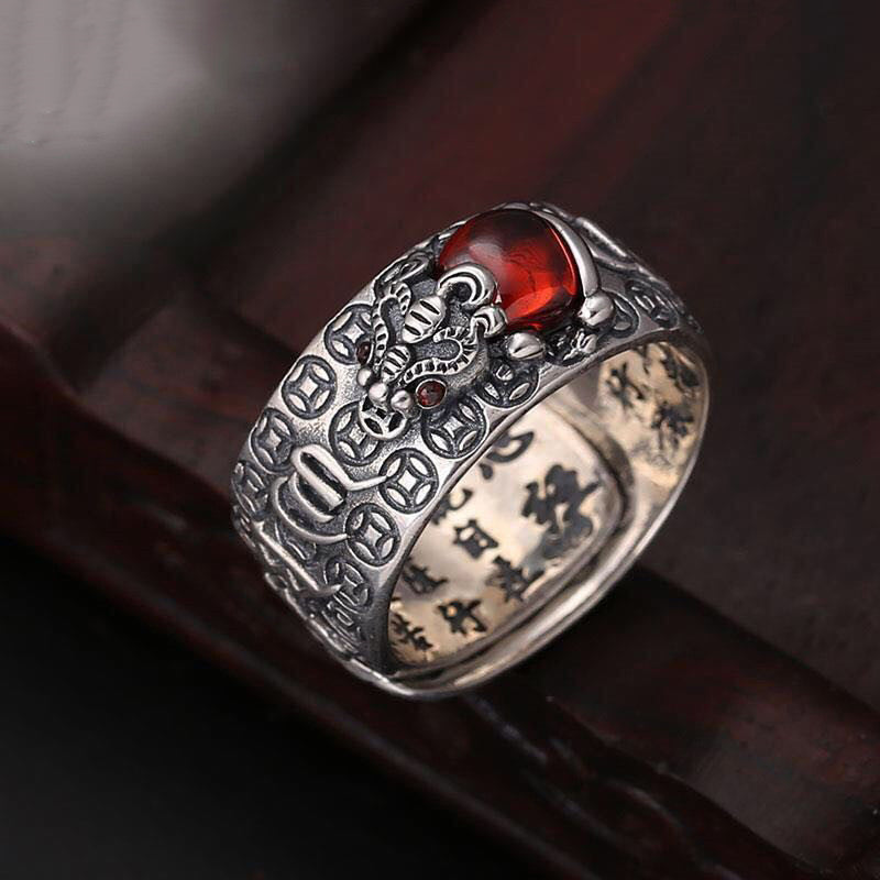 Buddha Stones Genstone PiXiu Feng Shui Frog Vajra Dorje Heart Sutra Wealth Adjustable Ring