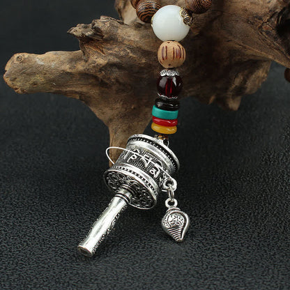 Buddha Stones Tibetan Om Mani Padme Hum Prayer Wheel Rotation Vajra Wood Necklace Pendant