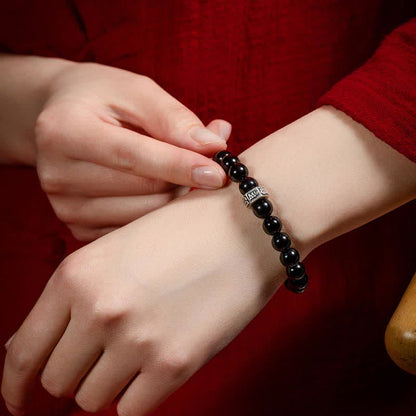 Buddha Stones Chinese Zodiac Natal Buddha 925 Sterling Silver Black Obsidian Moonstone Strength Bracelet