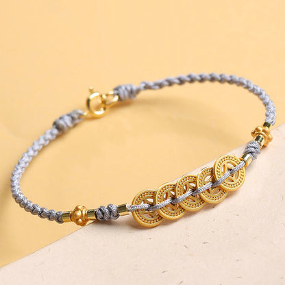 Buddha Stones Copper Coin Fortune Tree Pearl Luck Blue Rope Braided Bracelet