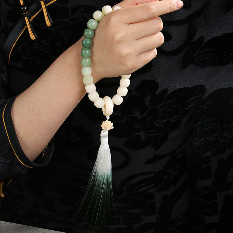Buddha Stones Natural Gradient Bodhi Seed Fortune Money Bag Lotus Wisdom Tassel Wrist Mala