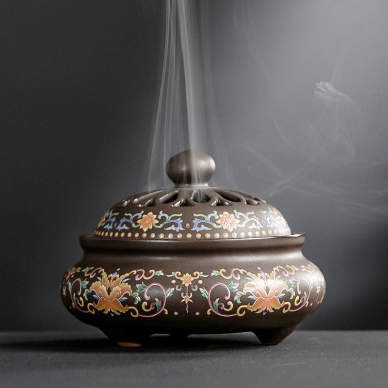 Buddha Stones Dragon Floral Pattern Backflow Smoke Fountain Ceramic Meditation Incense Burner Decoration