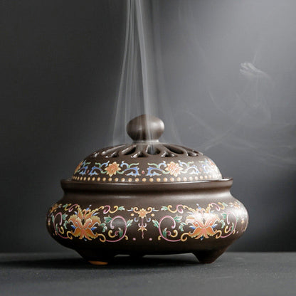 Buddha Stones Dragon Floral Pattern Backflow Smoke Fountain Ceramic Meditation Incense Burner Decoration