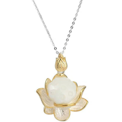 Buddha Stones White Jade Lotus Flower Happiness Necklace