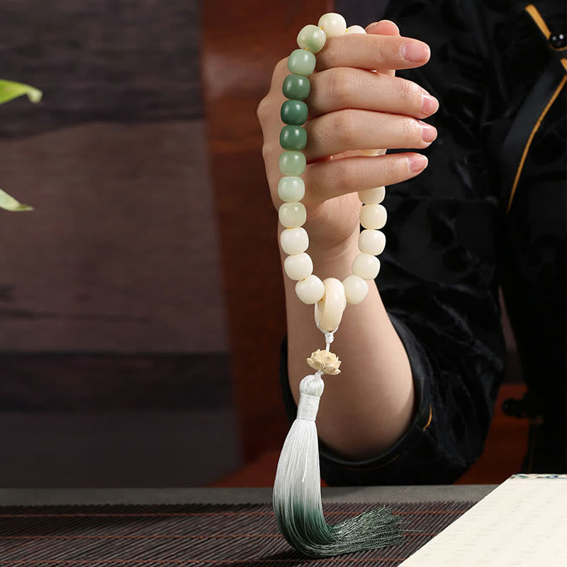 Buddha Stones Natural Gradient Bodhi Seed Fortune Money Bag Lotus Wisdom Tassel Wrist Mala