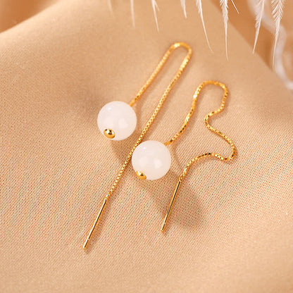 Buddha Stones 925 Sterling Silver White Jade Beaded Happiness Drop Earrings