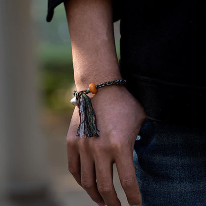 Buddha Stones 990 Sterling Silver Tibetan Handmade Amber Steelyard Weight Wish Protection Bracelet