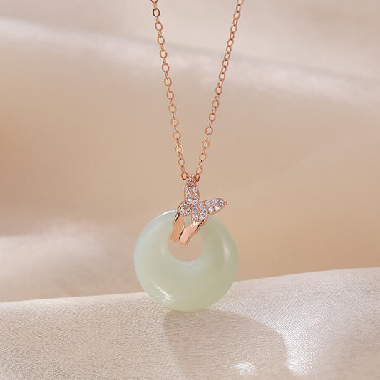 Buddha Stones 925 Sterling Silver Natural Hetian Jade Zircon Butterfly Luck Necklace Pendant