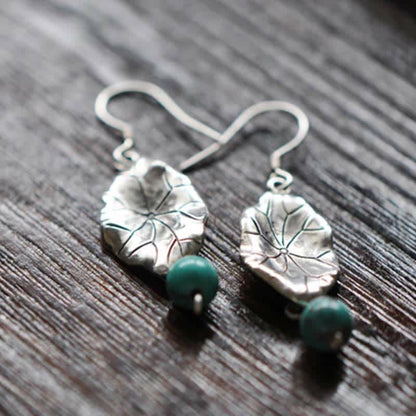 Buddha Stones 925 Sterling Silver Turquoise Lotus Leaf Protection Drop Dangle Earrings