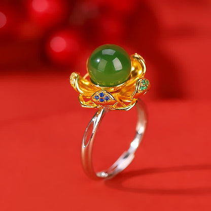 Buddha Stones 925 Sterling Silver White Jade Cyan Jade Lotus Flower Success Ring